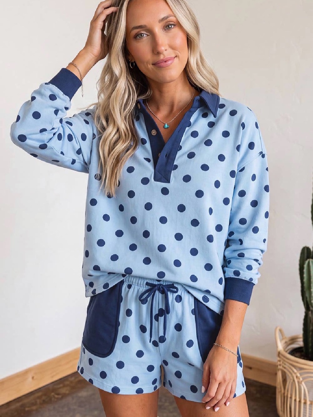 Polka Dot Two-Piece Set - Light Blue/Navy